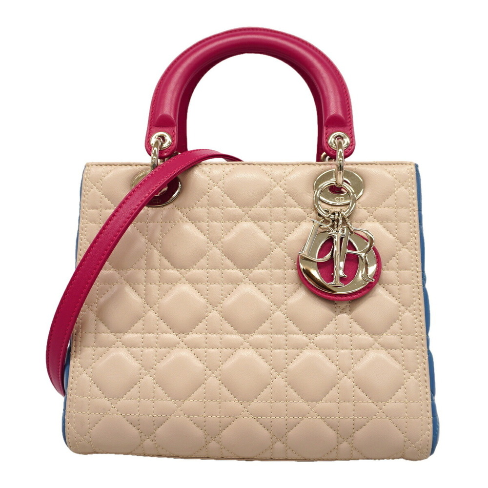 Christian Dior handbag, Cannage Lady Dior, leather, beige, pink, blue, women'...